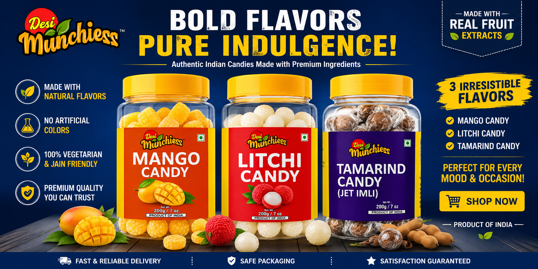 Desimunchiess candies — Bold Flavors, Pure Indulgence! Mango, Litchi & Tamarind.